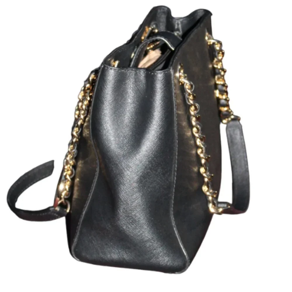 Michael Kors Susannah Black Saffiano Leather Structured Satchel Tote Gold Chain